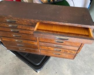 11. 1930s Oak tool chest, would make a fabulous jewelry chest, needs a little TLC for that use.  (we can refer to restorer) 30"L x 9.5"Dx 18 1/4"T.  $250.00