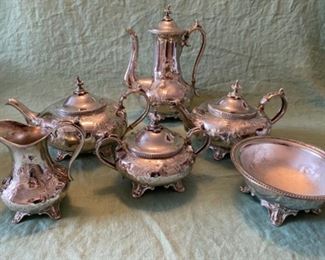 18. American silver plated tea service, 6 pieces. Ready to be used! 11”x9” for coffee pot. $250 REDUCED TO $175