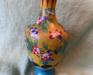 16. Cloisonné vase in very good condition 13”x6”. $80