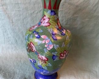 15. Cloisonné vase 13”x6”. Some damage on the side.  As is $40