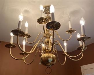 22.  Brass 12 arm Baldwin style chandelier, nice quality. 30"T x 39"W.    $295 - REDUCED TO $250