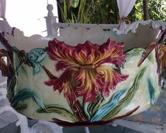 51- Iris Majolica French barbotine large planter $350 - REDUCED TO $250