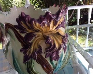 51- Iris Majolica French barbotine large planter $350 REDUCED TO $250
