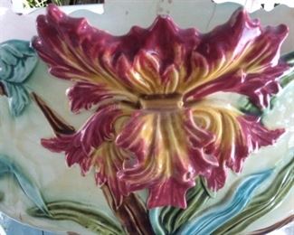 51- Iris Majolica French barbotine large planter $350 - REDUCED TO $250