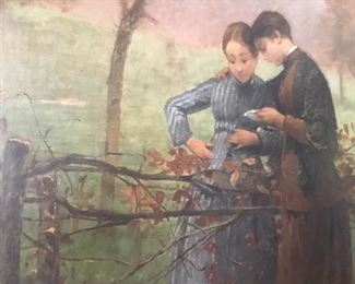 52- Johanny Sarrasin, French, Lyon 19th century regional artist, "Les Filles au Jardin" Oil on canvas LARGE 39" x 32"+ 5" for the frame , Dated 1883, Signed lower left. Gilt carved Frame $2,900 -REDUCED TO $2500