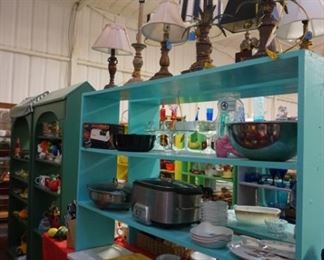 lamps, crock pots, bowls, dishes