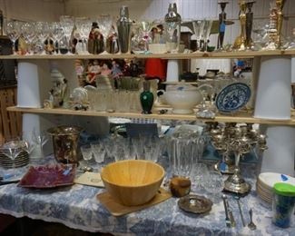 Serving pieces, stemware, barware, Candelabras. kitchen