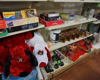 large stuffed dogs, puzzles,