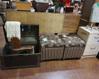 foot stools, file cabinet, rock, trunk