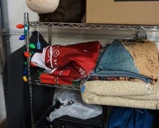 linens, costume, box of misc kitchen items