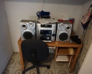 stereo, small desk, chair