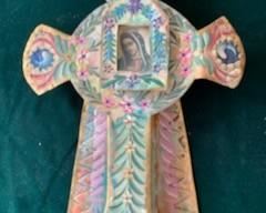 **Now $30** $60  Vintage Mexican painted tinwork cross, 12" x 8 1/2"