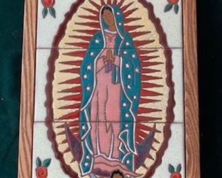 **Now $60** $120  Debora Duran handmade tile 'Virgin de Guadalupe', framed size 13 1/2" x 9 1/2"