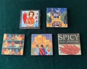 **Now $7** $15/group of 2 handpainted tiles (San Pasqual and Santuario de Chimayo) and 3 coasters