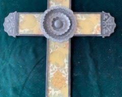 $35  tinwork cross by Nicolas Madrid 2011, 16" x 11 1/2", bottom piece as is