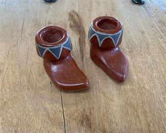 $65 Frances Salazar (?) pair of vintage boot candleholders signed Frances Santa Clara
