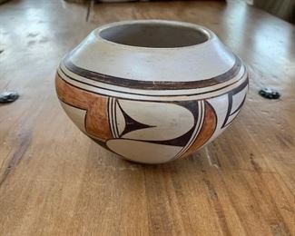 **Now $65** $125 Vintage 6 1/2" diameter polychrome Hopi pot with $5.00 price and illegible signature in pencil 