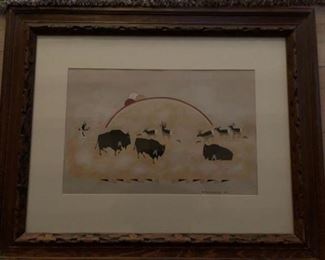 **Now $200** $395  Large Soe-Kuwa-Pin/Robert Montoya Tewa Enterprises silkscreen, 1975, with great handcarved frame, framed size 25 1/2" x  31 1/4", image size 12 1/4" x 18 3/4"