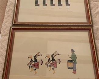 **Now $145** $195/pr   A framed pair of Awa Tsireh and Romando Vigil Szwedzicki pochoir prints from the C. Szwedzicki 1932 portfolio '50 Reproductions of Watercolor Paintings by Indian Artists of the NM Pueblos of San Ildefonso and Sia', framed size 17 1/2" x 22" each