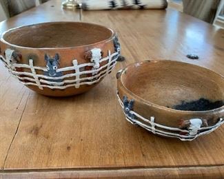**Now $95** $125 and $75 (SMALLER BOWL SOLD)   Silas (1913 - 2002) and Bertha Claw (1926 -) (Navajo) 7" and 5 1/4" diameter bowls with figural burros and steers behind white picket fences