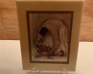 **Now $25** $35   R C Gorman 'Woman with Chili' vintage 8" x 6 1/4" art tile with hanger on reverse
