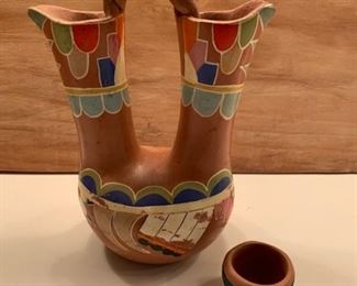 **Now $20and $5** $35 and $10    Vintage 1960 poster paint pottery; 7 3/4' Jemez wedding vase and 1 1/2" Alice Vigil (Tesuque) tiny pot