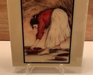 **Now $35** $45  R C Gorman 'Corn Woman' vintage 8" x 8" art tile with hanger on reverse