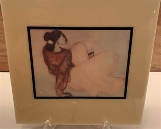 **Now $35** $45   R C Gorman  'Sue-Bah' (Reclining Woman) vintage 8" x 8" art tile with hanger on reverse