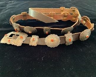 $950  Michael Rogers (Paiute/Yurok) sterling and coral concho belt ca 1980, belt length 47", buckle with (9) conchos and (10) butterflies