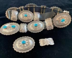 **Now $375** $750   Dorothy Secatero (Navajo) sterling and turquoise concho belt ca 1980, belt length 34", buckle, 6 conchos and 7 butterflies with an extra concho and butterfly 
