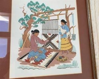 $80   Harrison Begay vintage Tewa Enterprises silkscreen Navajo woman weaving, framed size 17 1/2" x 15 1/2"