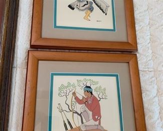 **Now $40** $80/pair   Harrison Begay vintage Tewa Enterprises  framed silkscreens, eagle dancer and boy with bow, framed sizes 10 1/2" x 10 1/2"