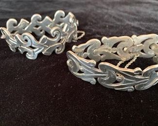$150 and $180 (front to back)  beautiful heavy vintage Taxco bracelets; front marked ATA and Bell 3, 2.4 t oz; back by Jose Luis Flores, 2.9 t oz
