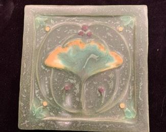 **Now $35** $60  Ephraim faience 6" handmade art pottery tile 'Nostalgia' gingko #993, retired, hangable