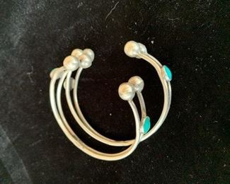 $125  (2 ) vintage Mexican sterling and turquoise bangle bracelets, ca 1950