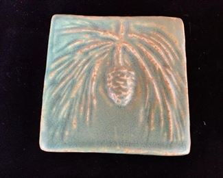 $45  Pewabic 5 1/4" handmade faience art pottery tile, 1998, hangable