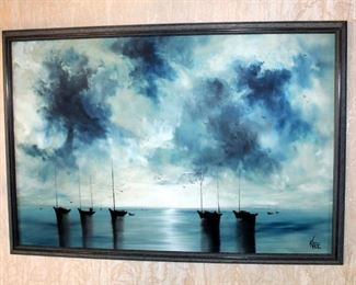 Original Vintage Raymond Klee Oil On Board Nautical Seascape, Professionally Framed, 26in X 38in