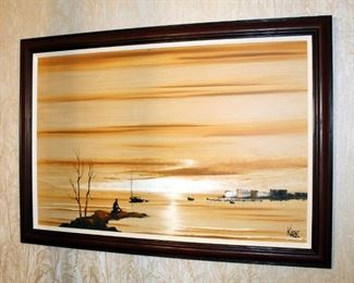 Original Vintage Raymond Klee Oil On Board Harbor Seascape, Professionally Framed, Minor Damage, 29in X 40.75in