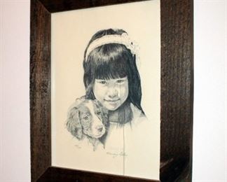 Barnwood Framed Under Glass Benny Gatley Sketch Of Little Girl With Brittany Spaniel Pup, Signed And Numbered In Pencil, 144/150, 17.75in X 15in