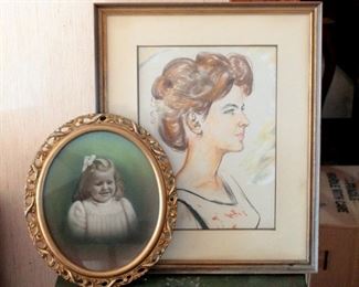 Framed Matted Under Glass Portrait, 23in X 18.75in, Unknown Medium And Oval Framed Child's Portrait 14.5in x 12.5in