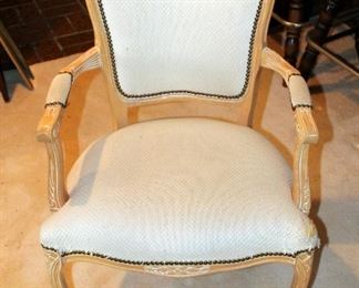 Upholstered Accent Chair With Carved Padded Arms And Nail Head Trim, Back 34in Tall, Seat 17in Tall