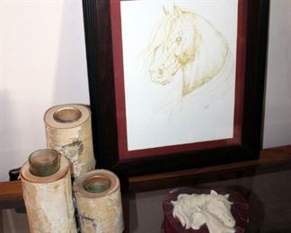 Framed Matted Under Glass Horse Sketch Signed By Lani 17.5in X 14.5in, Incolay Stone Heart Trinket Box With Mare And Foal Design, And More