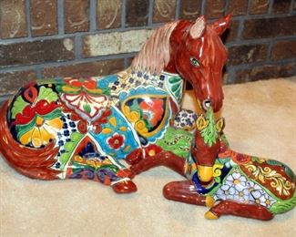 Ceramic Talavera Horse And Foal Figurines, Qty 2, Mare 13in X 16in, Foal 8in X 12in 