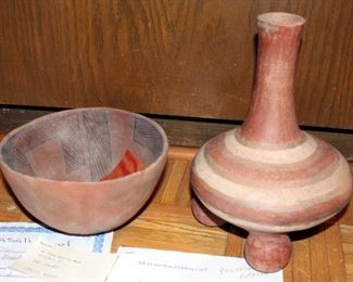 Anasazi Style Black On Red Pottery Bowl, 9in Diameter, And Quapaw Polychrome Swirl Bottle Copy, 12in Tall