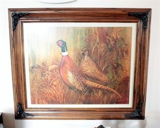 Framed Matted Under Glass Pheasant Print By Barbara Barnett, 20.5in x 24.5in, And Hunter With Dog Print, 16.5in x 20.5in