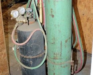 Oxygen And Acetylene Welding Setup Including Tanks, Torch, Hoses, And Two-Wheel Cart