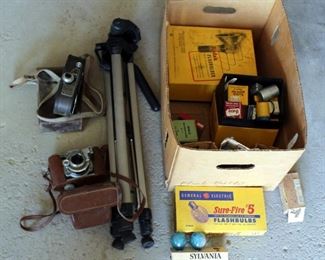 Vintage Cameras Including Kodak 35, And Keystone Model K-8, Cameras With Leather Cases, MX 2000 Tripod, Assorted Flash Bulbs, And More 