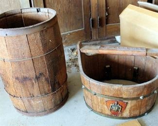 Antique Slat Wood Nail Keg And Wood Basket With Leather Wrapped Handle 