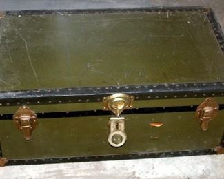 Vintage Military Flattop Trunk With Leather And Brass Accents With Insert, 12.5in x 31in x 16.5in