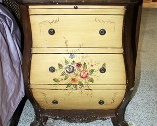 Solid Wood Three Drawer Footed Nightstands With Hand Painted Floral Designs, Qty 2, Matching, 29in X 22.25in X 16in, With Writing Pullout Tray